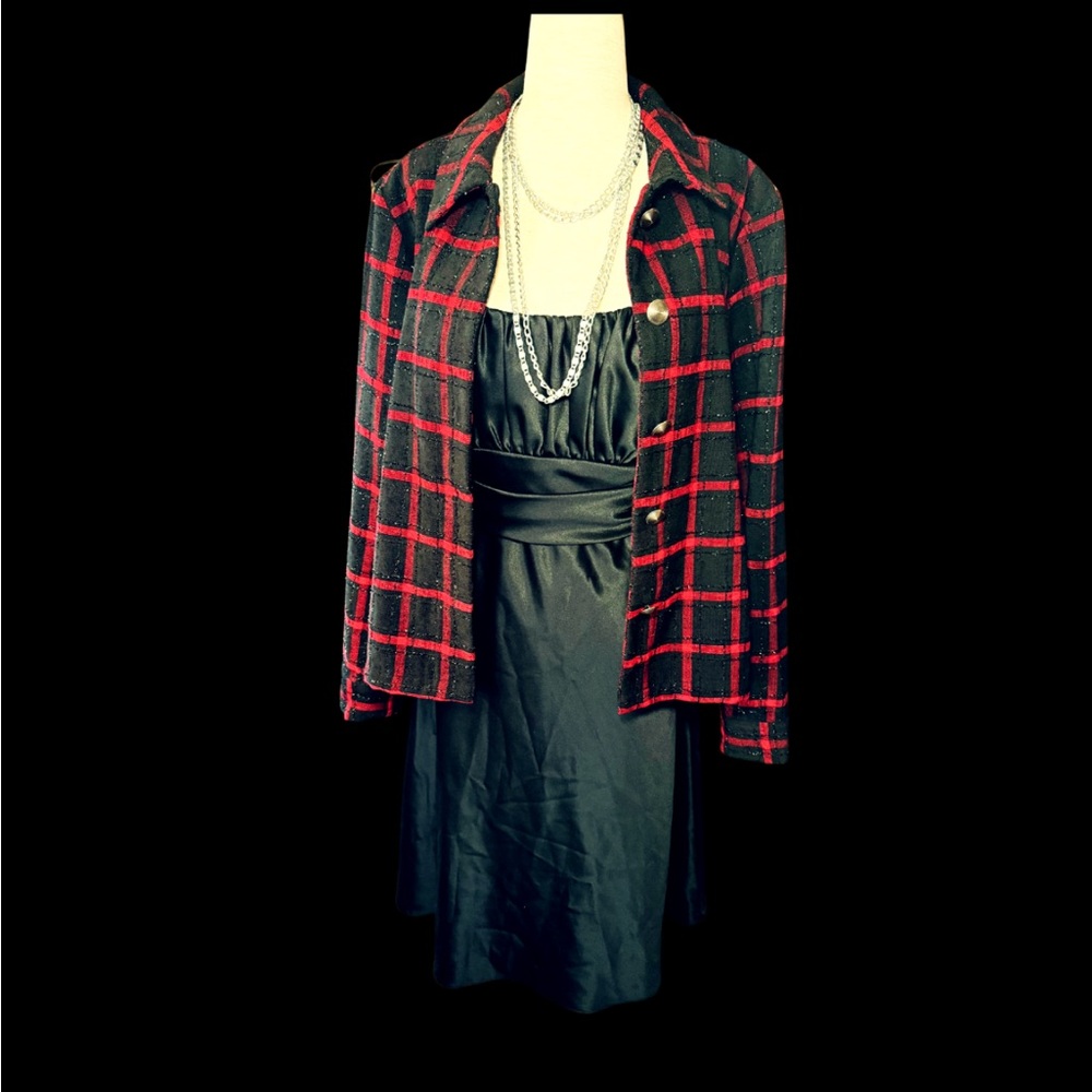 Black Red Windowpane Plaid Sparkle Tweed
Jacket Preppy Holiday Size M